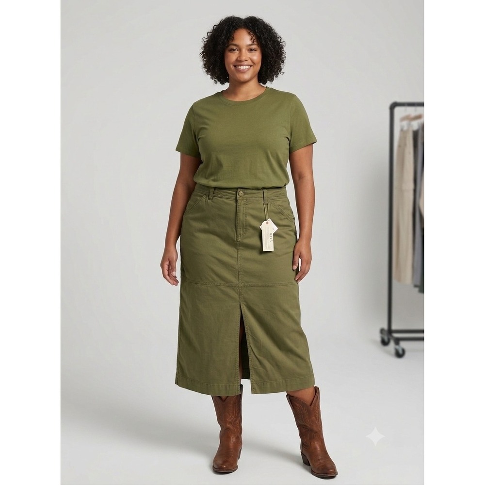 Sanctuary Triple Threat Front-Slit Midi Skirt Gorp 27 Burnt Olive Button Zip NWT